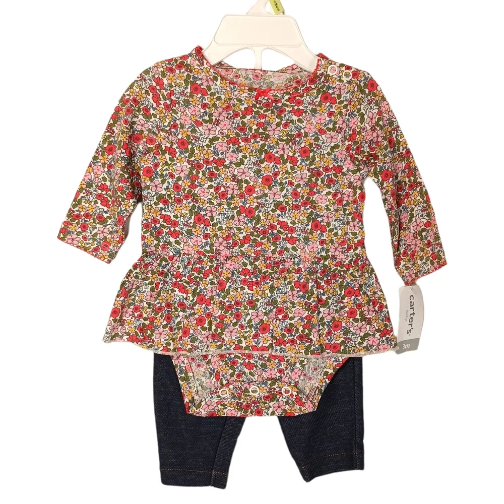 CARTERS 2Pc Red Colorful Ditsy Floral Print Long Sleeve Ruffle Onesie Pants Set